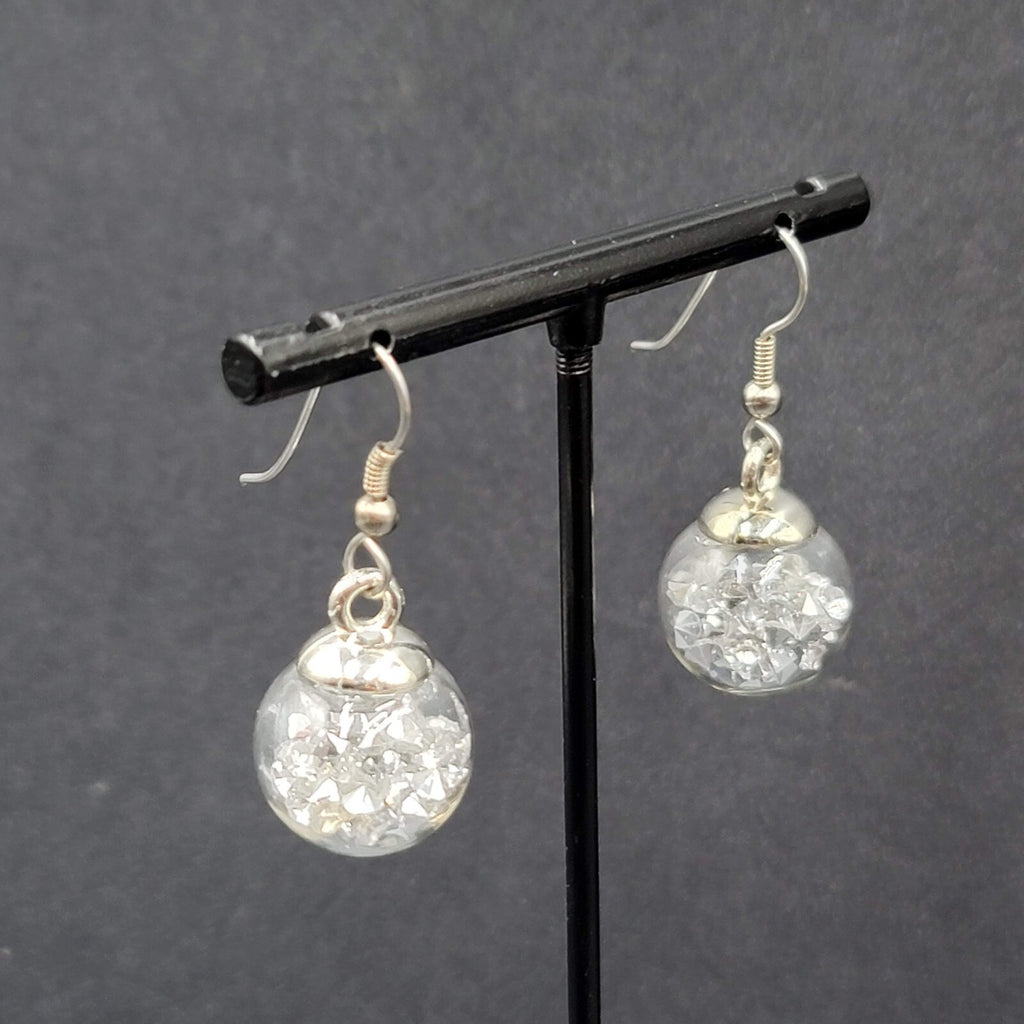 Pierced Earrings Silver tone Loose Silver Rhinestones Filled Sphere Dangle 3/4"