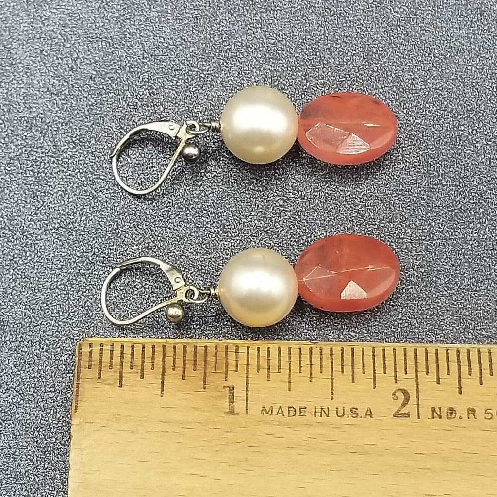 Pierced Earrings Silver tone Faux Pearl Faceted Quartz Beaded Dangle 1 1/4"