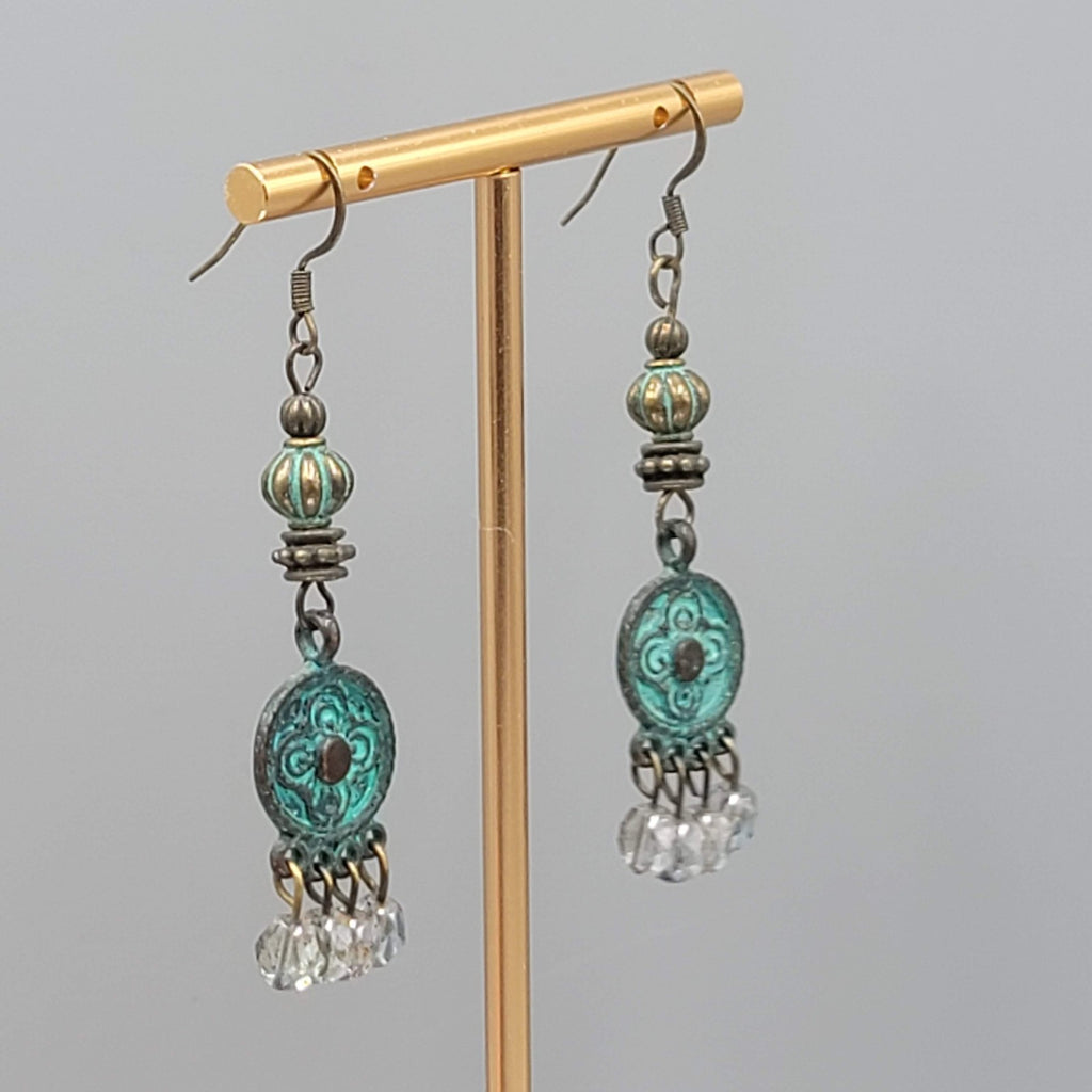 Green Bronze tone Chandelier Dangle Pierced Earrings 2"