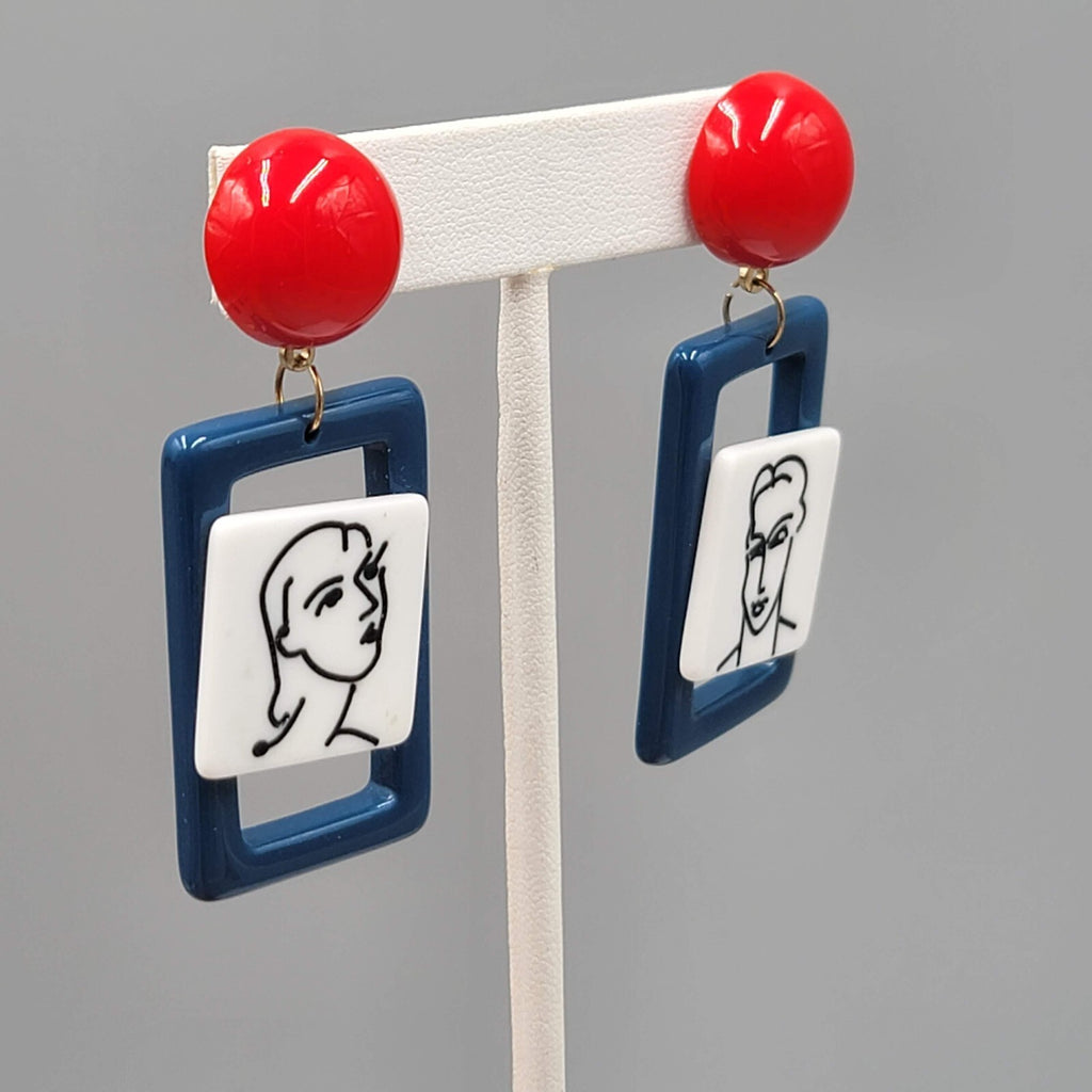 Man and Woman Couple Pierced Earrings Red White Blue Dangle 2.5"