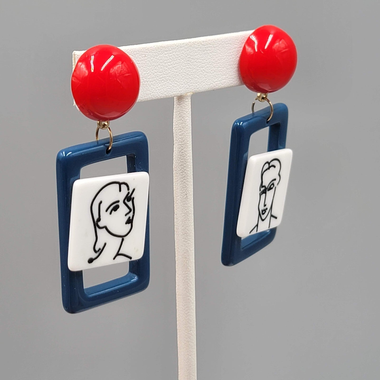 Man and Woman Couple Pierced Earrings Red White Blue Dangle 2.5"
