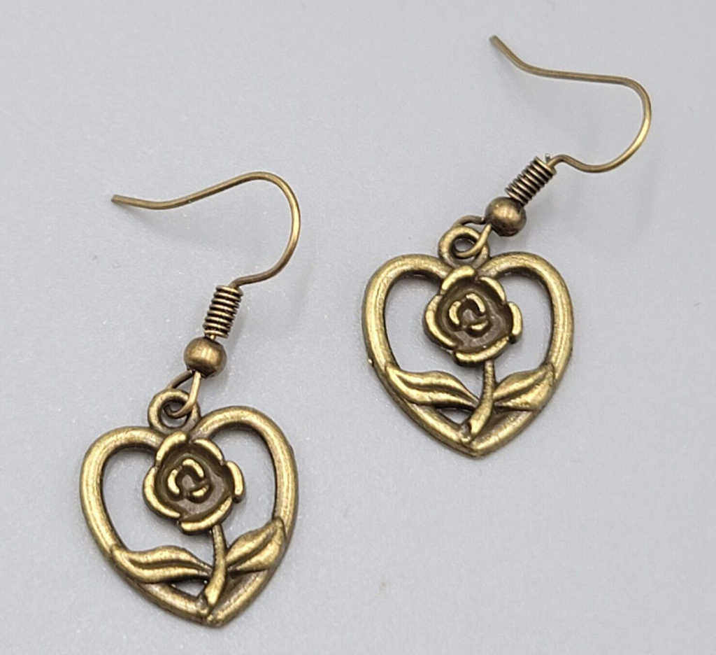 Rose Flower Heart Pierced Earrings Bronze tone Dangle NEW 5/8"