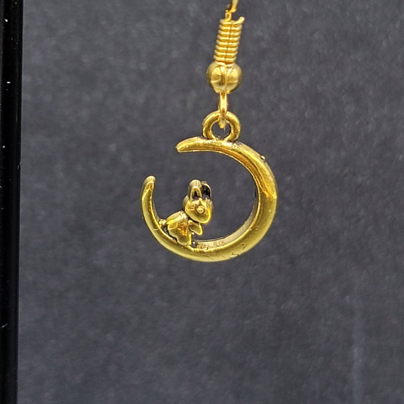 New Bunny Rabbit on Crescent Moon Pierced Earrings Gold tone Dangle 5/8"