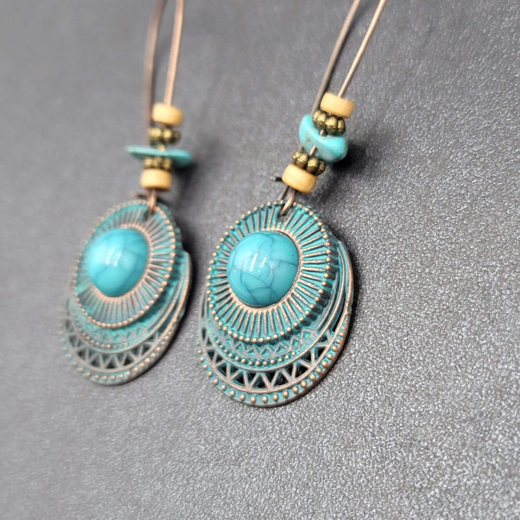 Boho Pierced Earrings Copper tone Faux Turquoise Dangle 2.25"