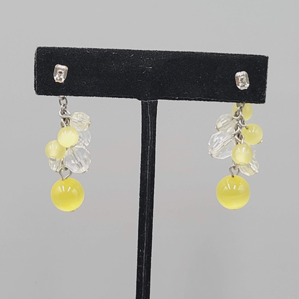 Pierced Earrings Silver tone Yellow Glass Bead Dangle 1.75"