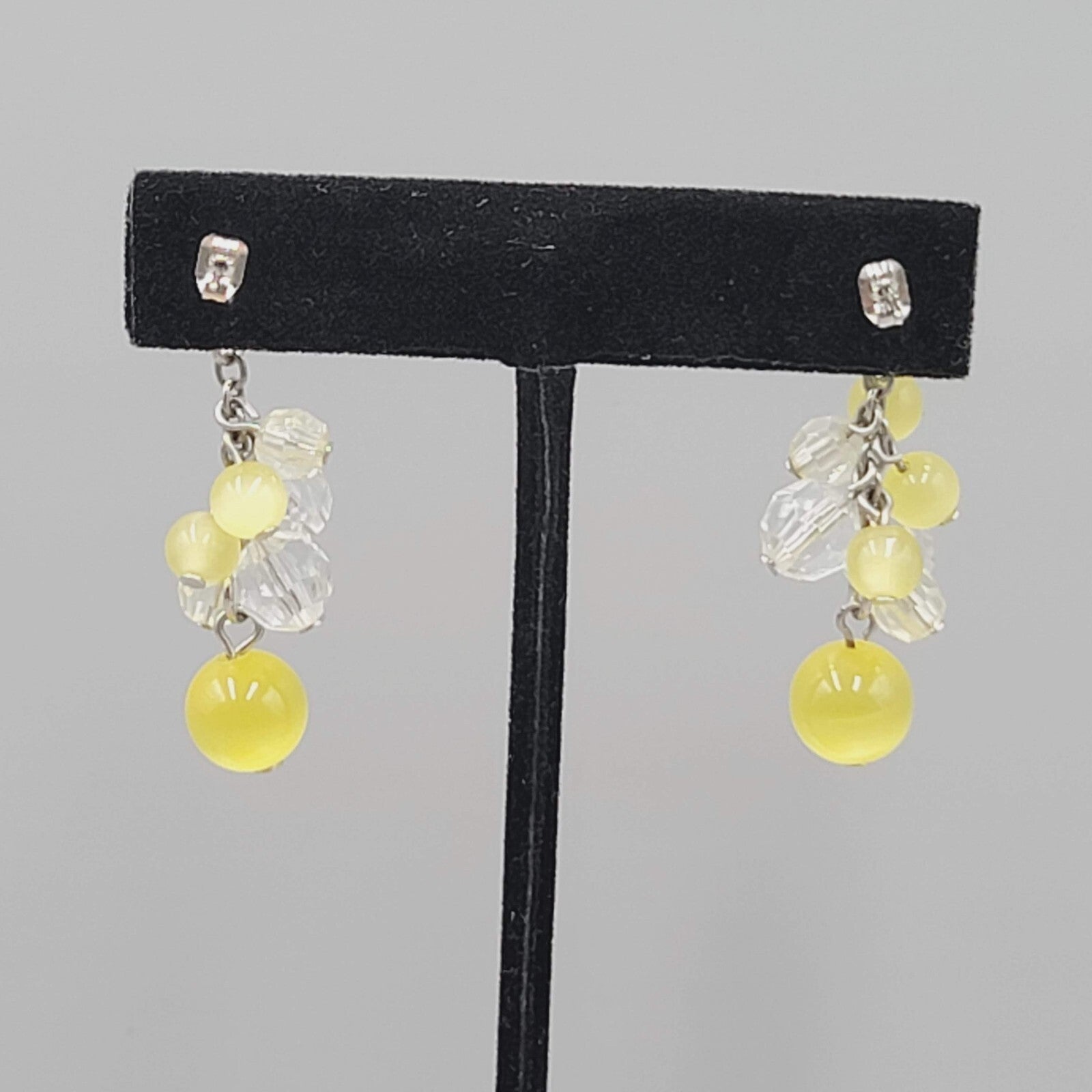 Pierced Earrings Silver tone Yellow Glass Bead Dangle 1.75"