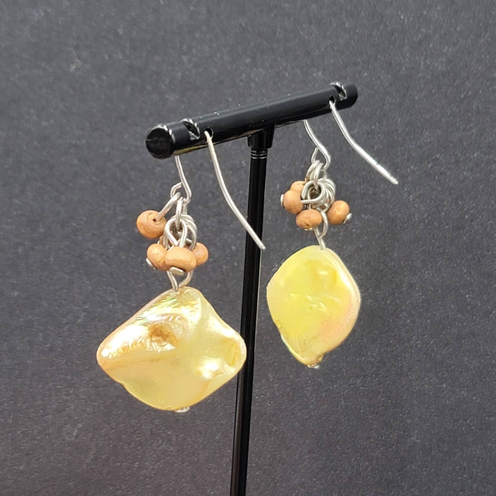 Pierced Earrings Silver tone Yellow Shell Wood Bead Dangle 1.25"