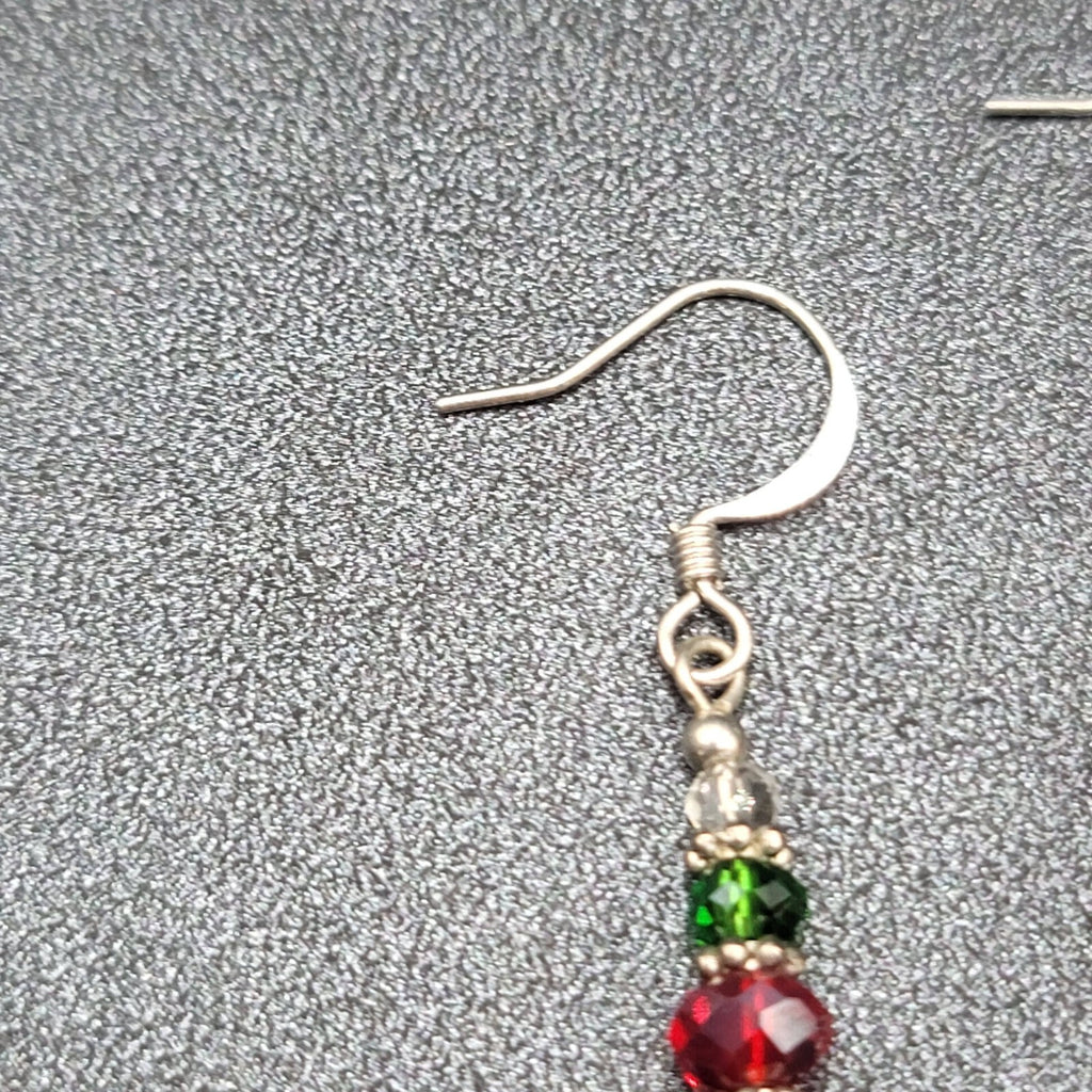 Pierced Earrings Green Red Yellow Crystal Bead Dangle Silver tone 1.25"