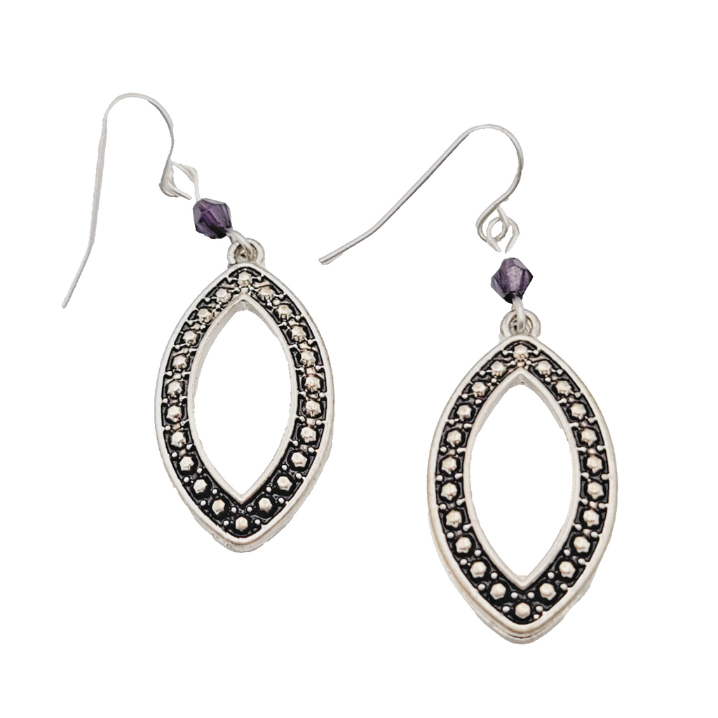 Oxidized Open Work Pierced Earrings Silver tone Dangle Purple Bead 1 1/8 in