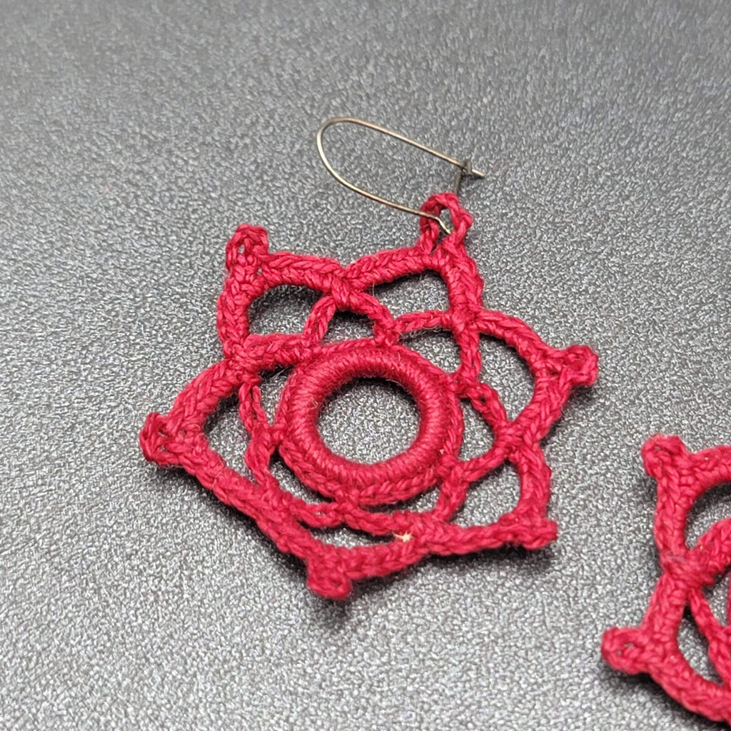 Pierced Earrings Hand Knitted Dangle Maroon Red 1.5"