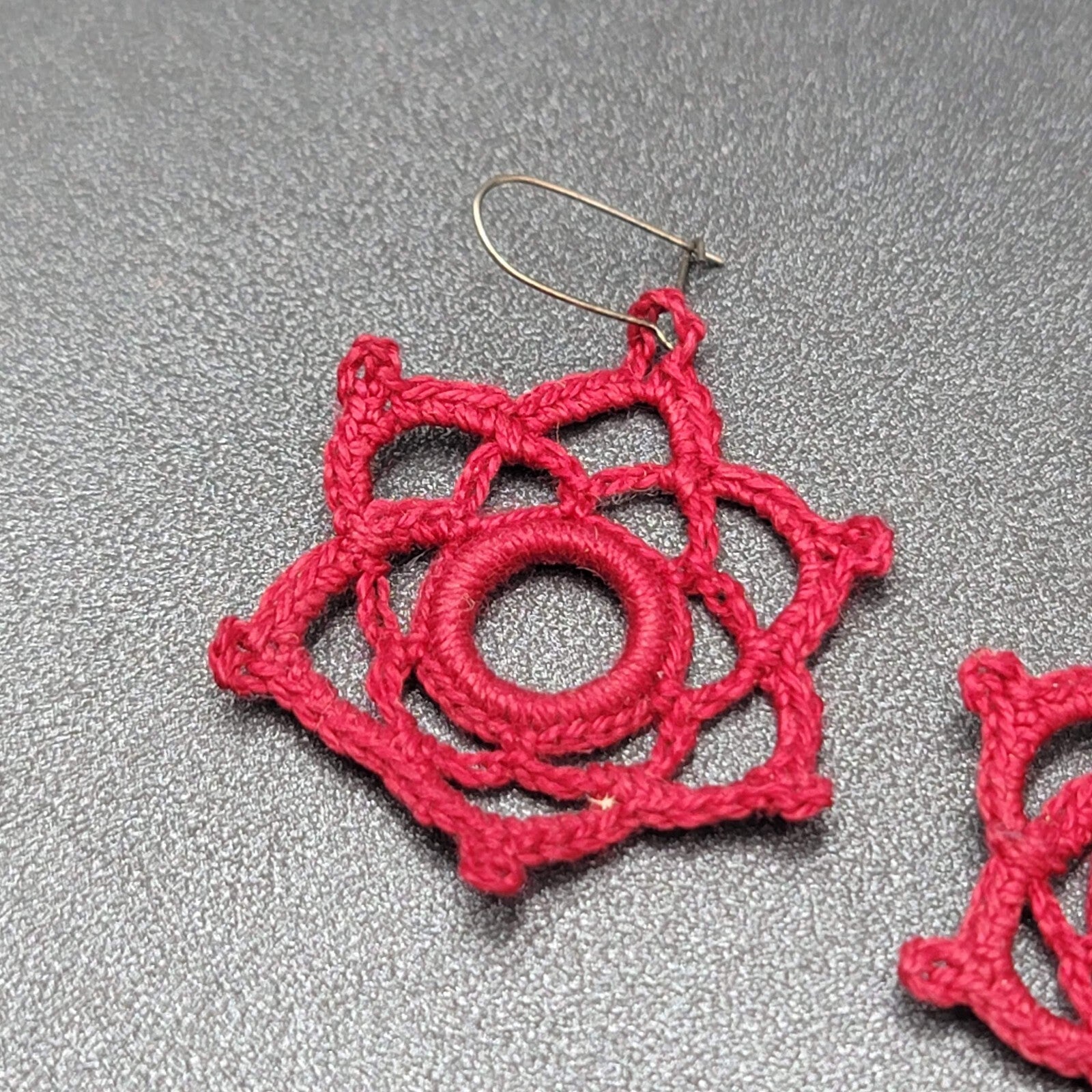 Pierced Earrings Hand Knitted Dangle Maroon Red 1.5"