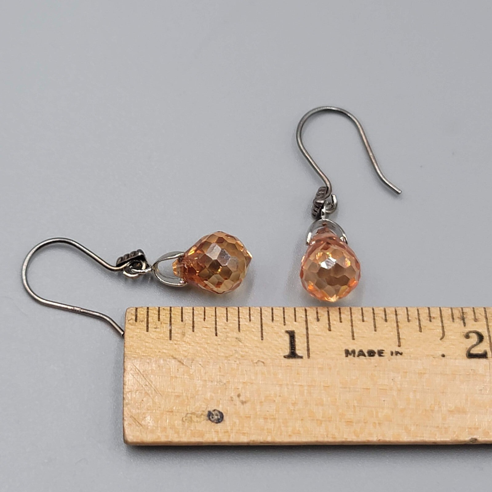 Crystal Teardrop Pierced Earrings Peach Silver tone Hooks 3/4"