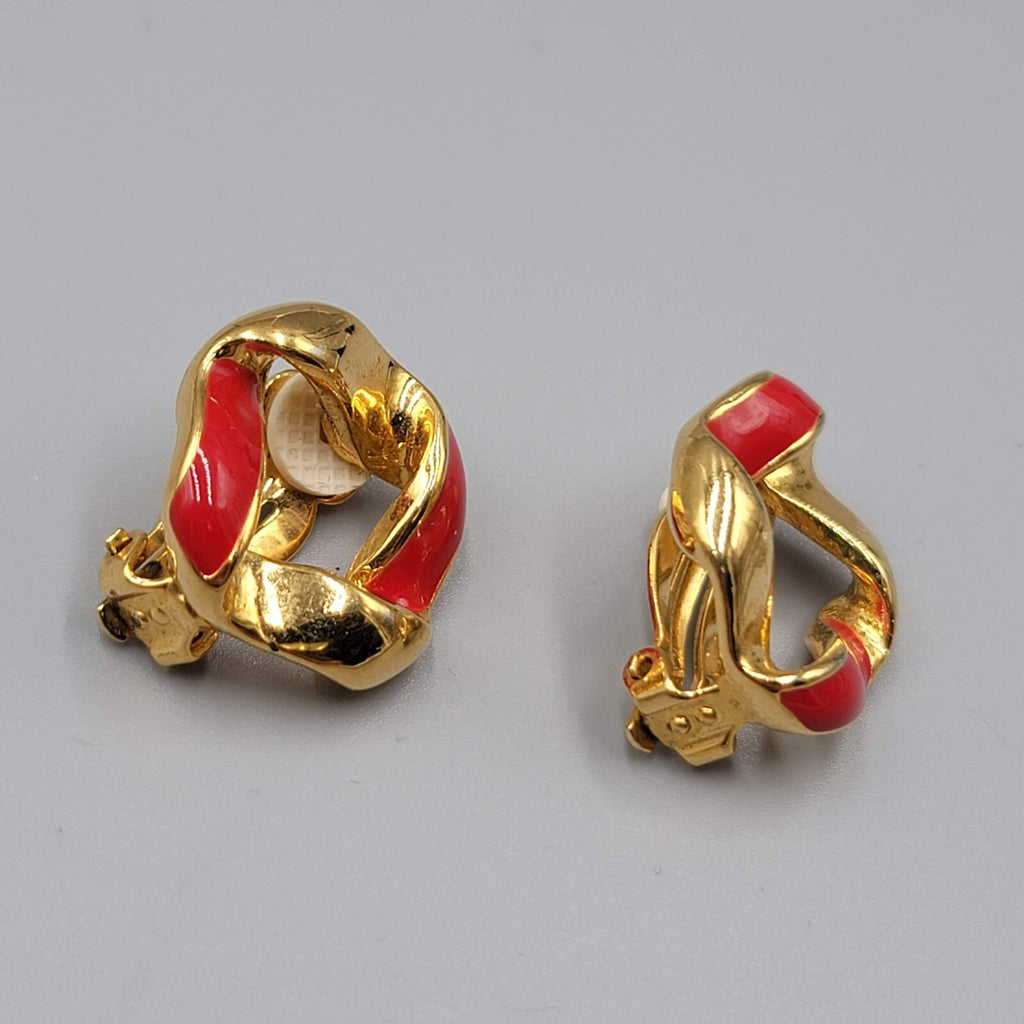Vintage Clip on Earrings Red Enamel Gold tone Open Center 7/8"