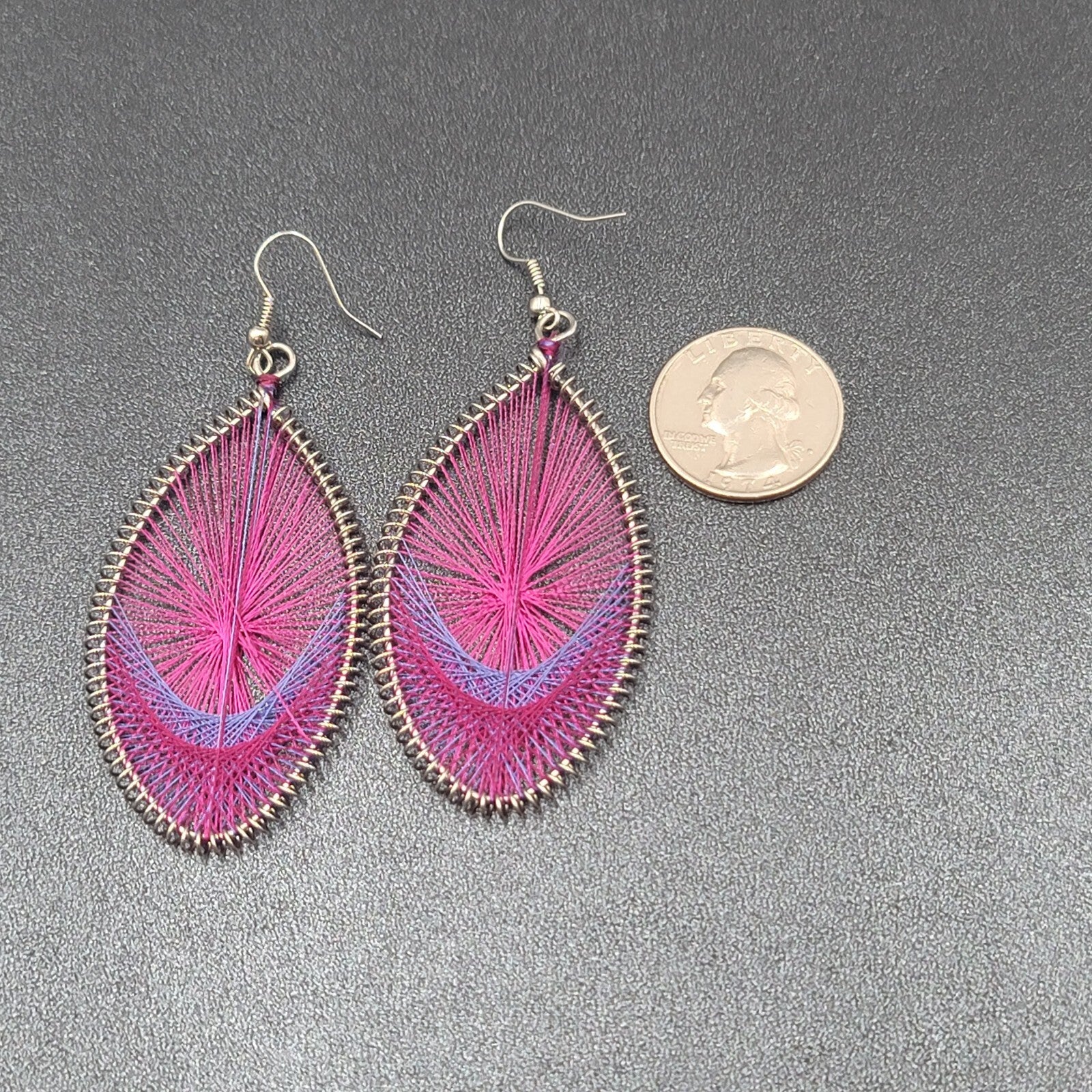 Pierced Earrings Silver tone Pink Purple String Art Dangle 2.5"