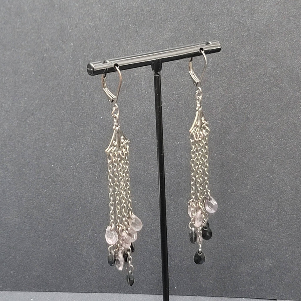 Pierced Earrings Gun Metal Gray Multi Chain Purple Black Beads 2 7/8"