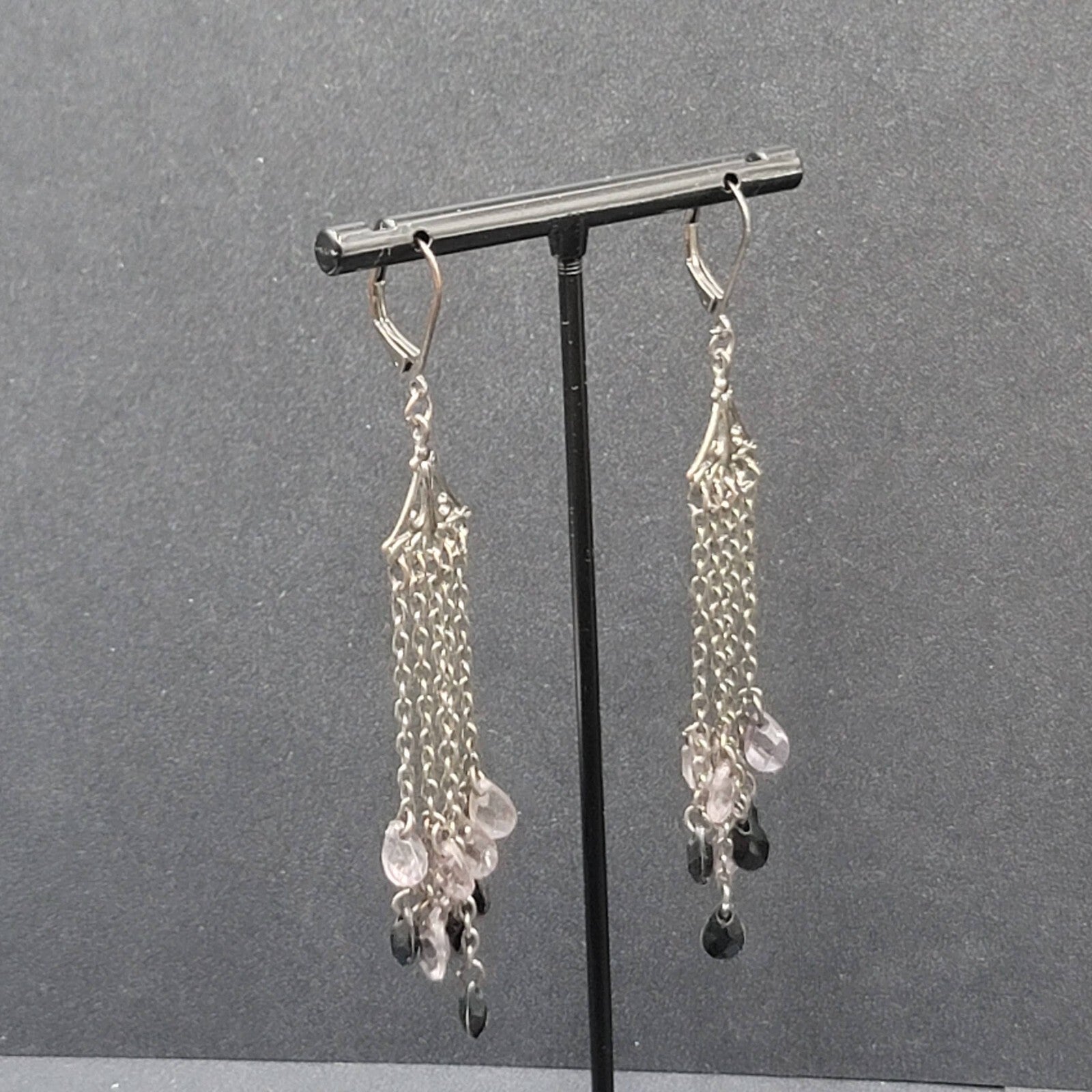 Pierced Earrings Gun Metal Gray Multi Chain Purple Black Beads 2 7/8"