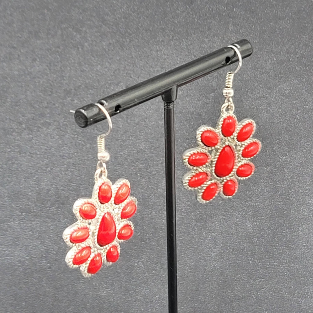 Pierced Earrings Silver tone Red Acrylic Accents 1 1/8"