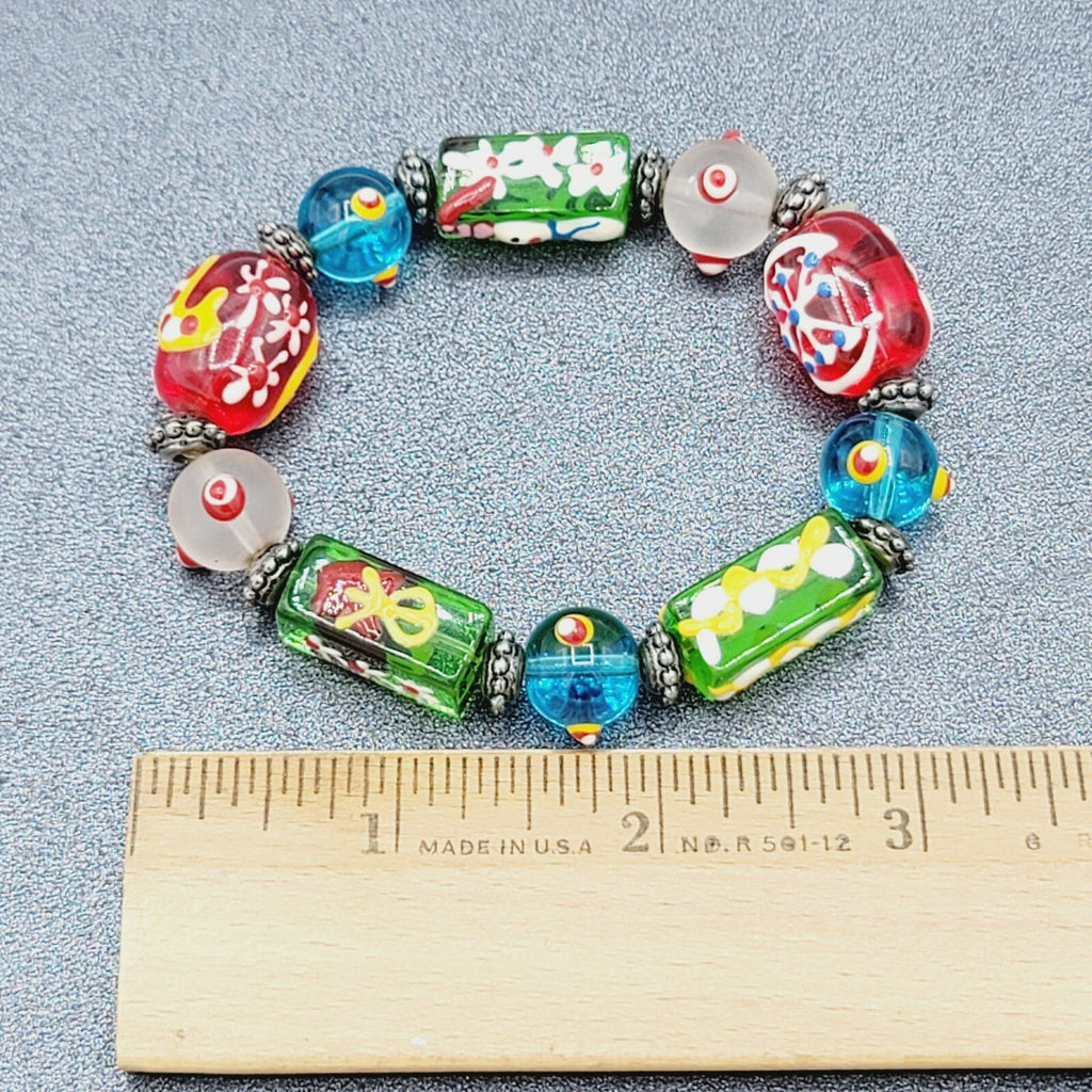 Christmas Art Glass Bead Stretch Bracelet Hand Painted Snowman Snowflake