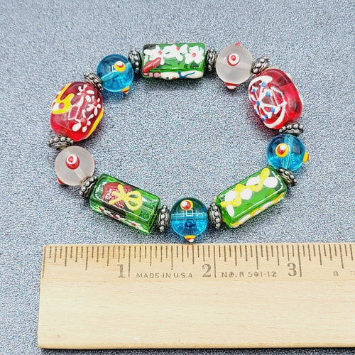 Christmas Art Glass Bead Stretch Bracelet Hand Painted Snowman Snowflake