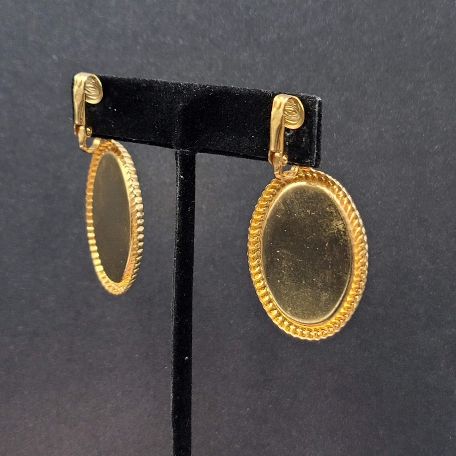 Vintage Clip on Earrings Gold tone Cream White Enamel Oval Dangle 1.5"