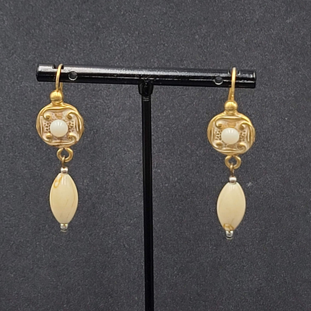 Pierced Earrings Brushed Gold Plated White Bead Dangle 1.5"