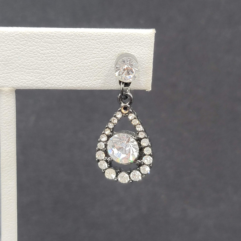 Pierced Earrings Black Metal Clear Rhinestone Teardrop Dangle 1.25"
