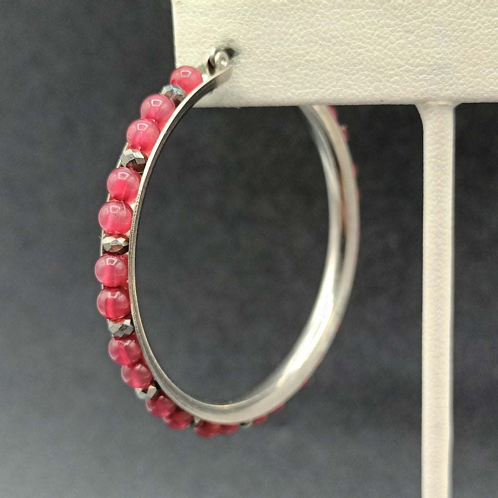 Pierced Earrings Silver tone Red Bead Statement Snap Hoops 2"
