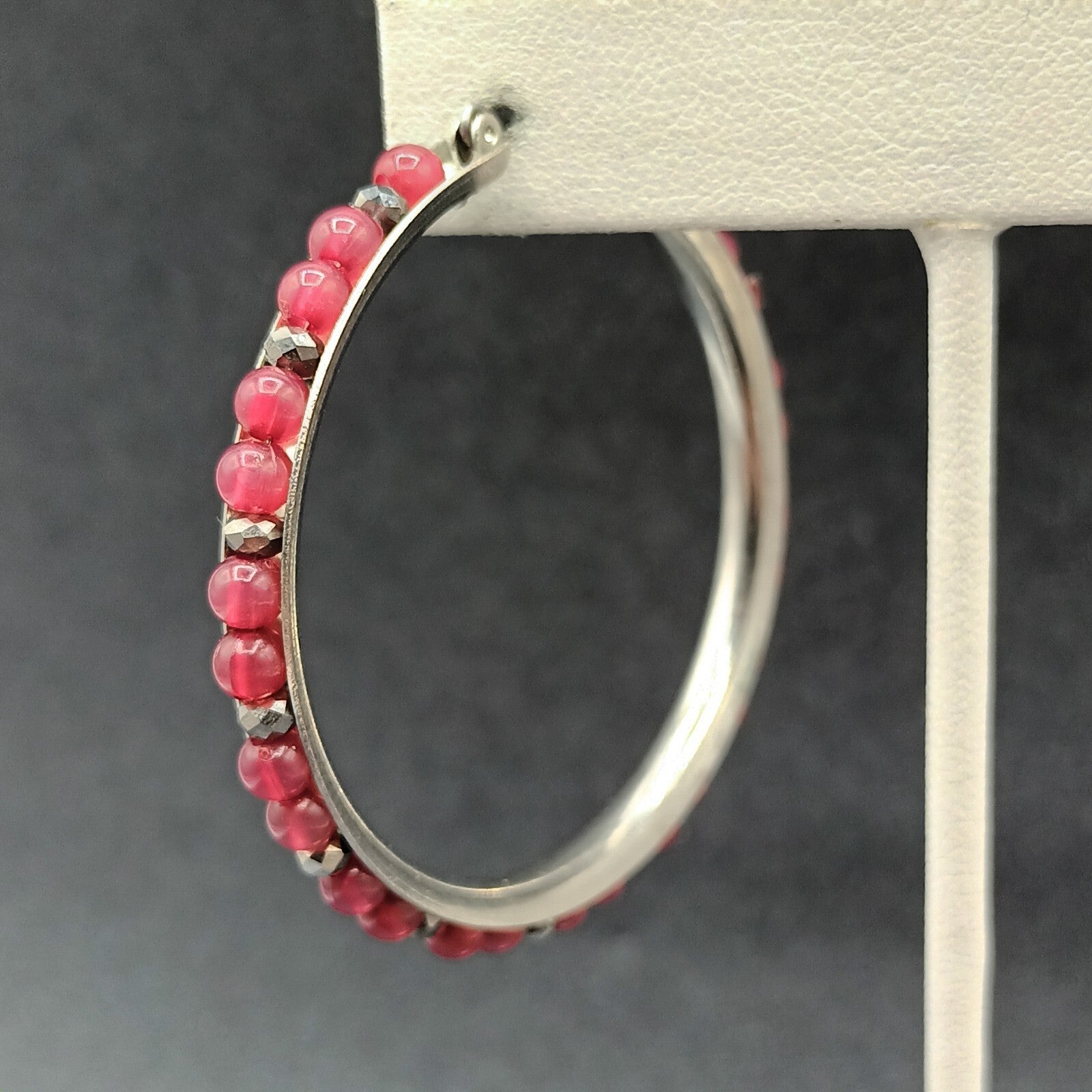 Pierced Earrings Silver tone Red Bead Statement Snap Hoops 2"