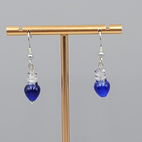 Blue Glass Bead Pierced Earrings Dangle Silver Tone