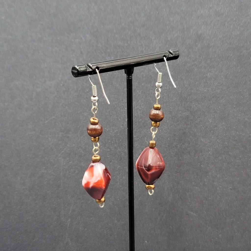 Pierced Earrings Wood Bead Red Swirl Acrylic Bead Dangle  1.75"