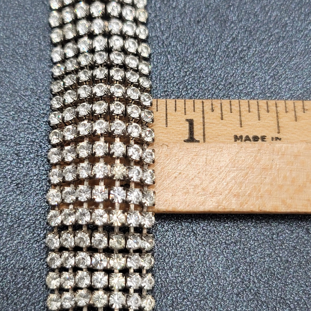 Vintage Wide Rhinestone Bracelet Silver tone 7 in