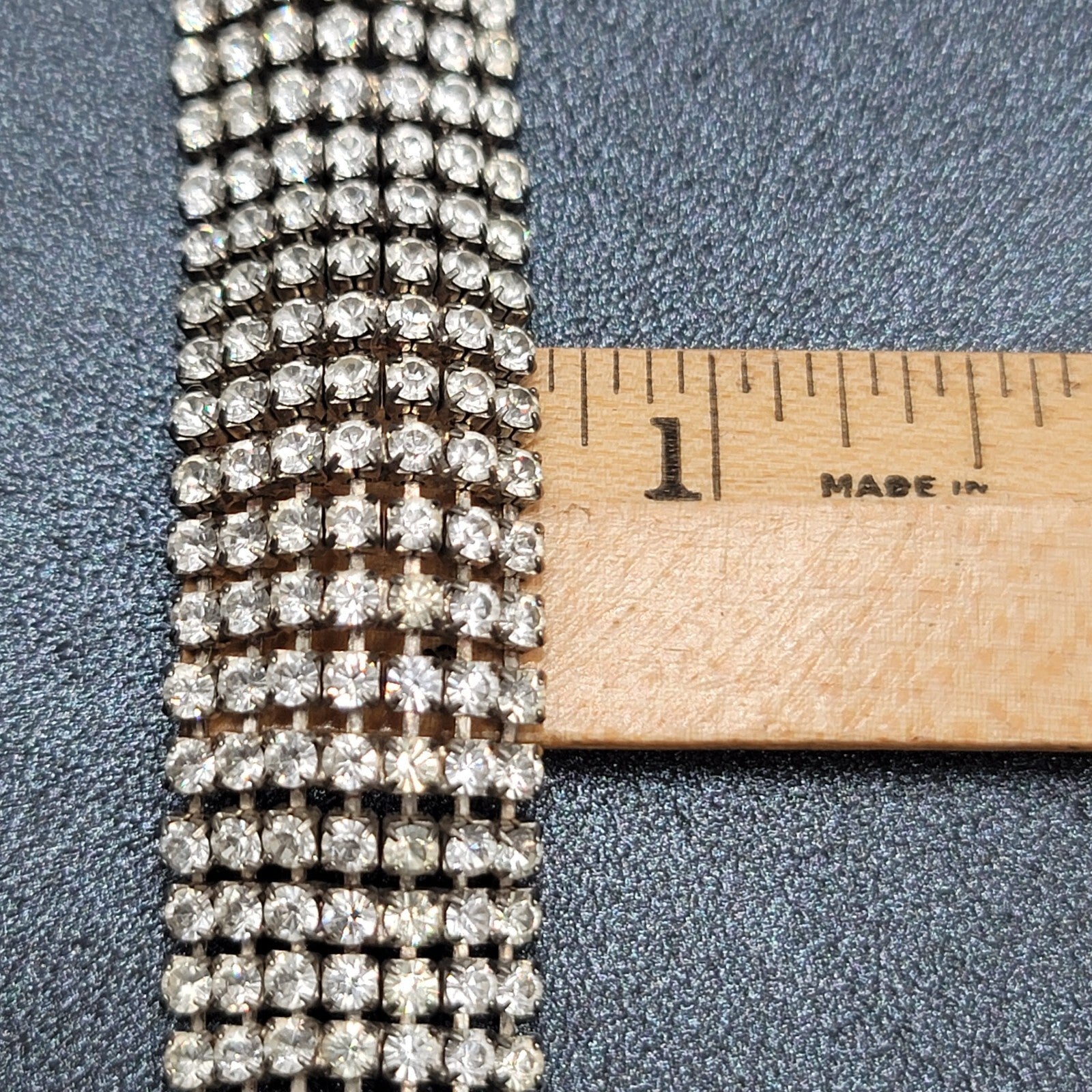 Vintage Wide Rhinestone Bracelet Silver tone 7 in