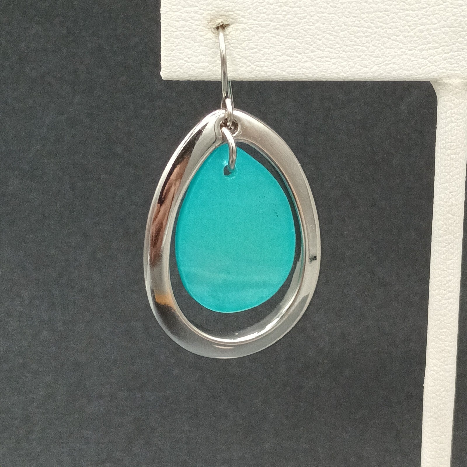 Pierced Earrings Silver tone Blue Teardrop Shell Dangle 1.25"