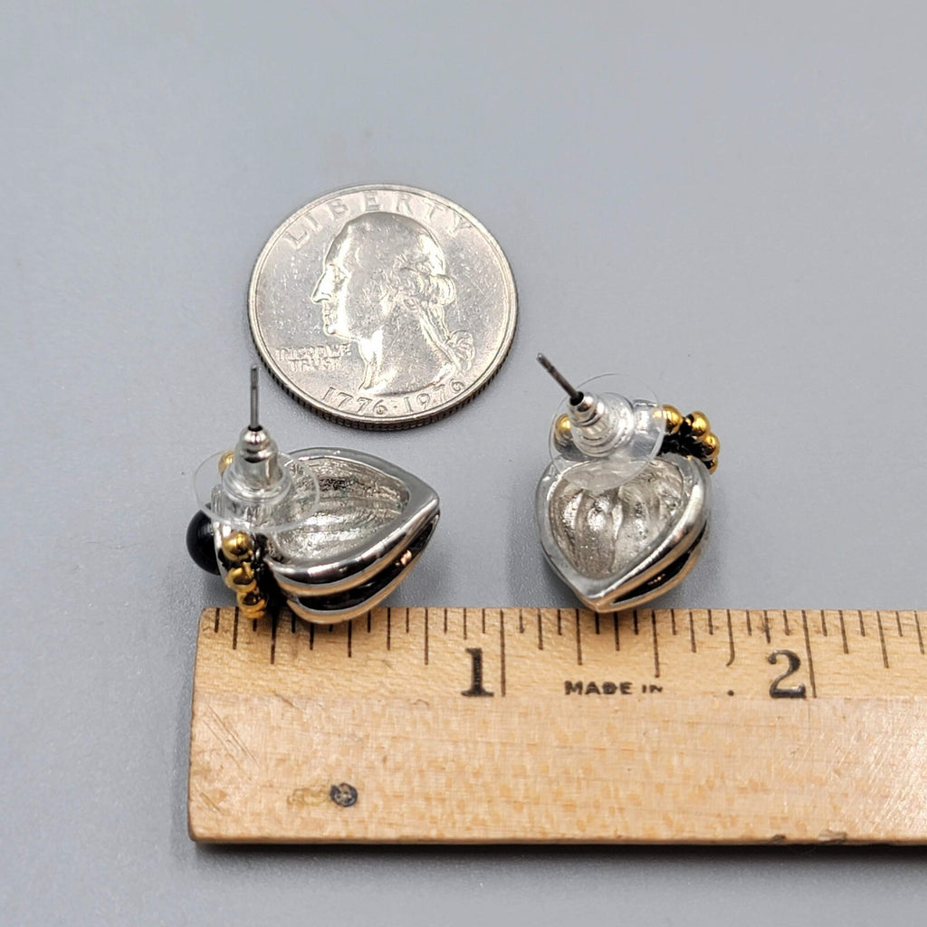 Pierced Earrings Heavy Silver and Gold Plated Black Cabochon Statement 3/4"