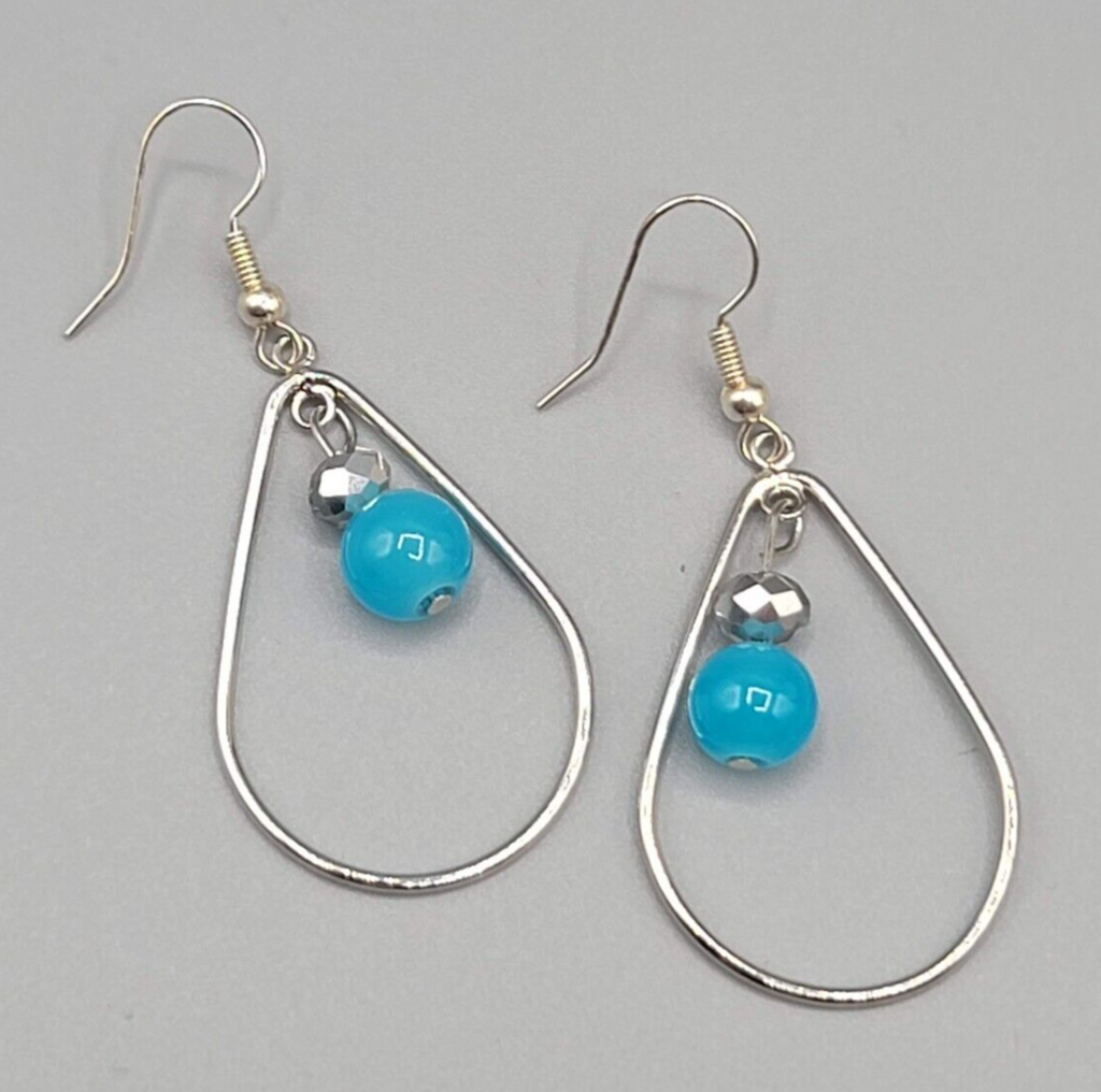 Pierced Earrings Silver tone Teardrop Hoops Blue Bead Dangle 1.5"