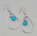 Pierced Earrings Silver tone Teardrop Hoops Blue Bead Dangle 1.5"