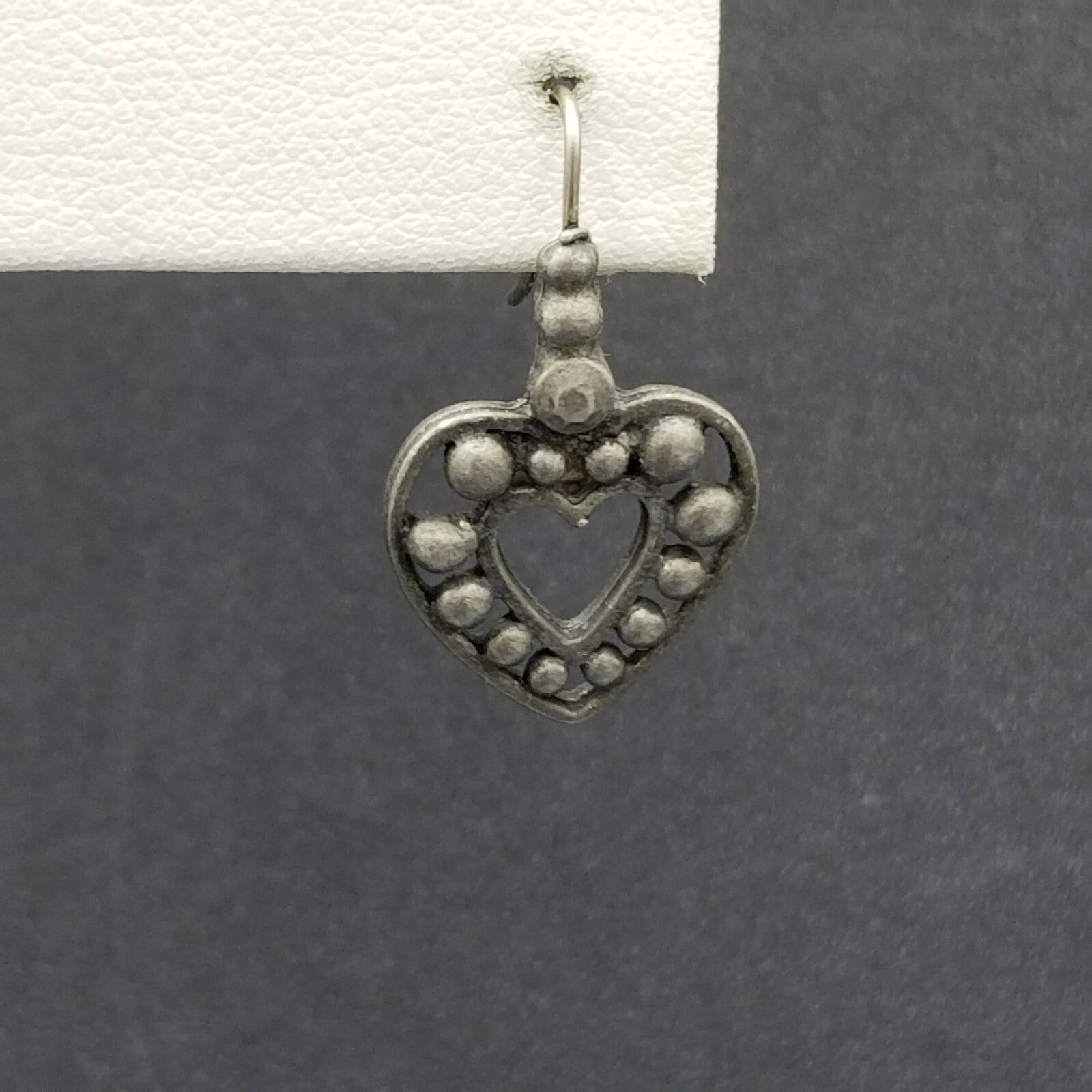 Pierced Earrings Pewter Beaded Open Heart Dangle Dark Gray 7/8"