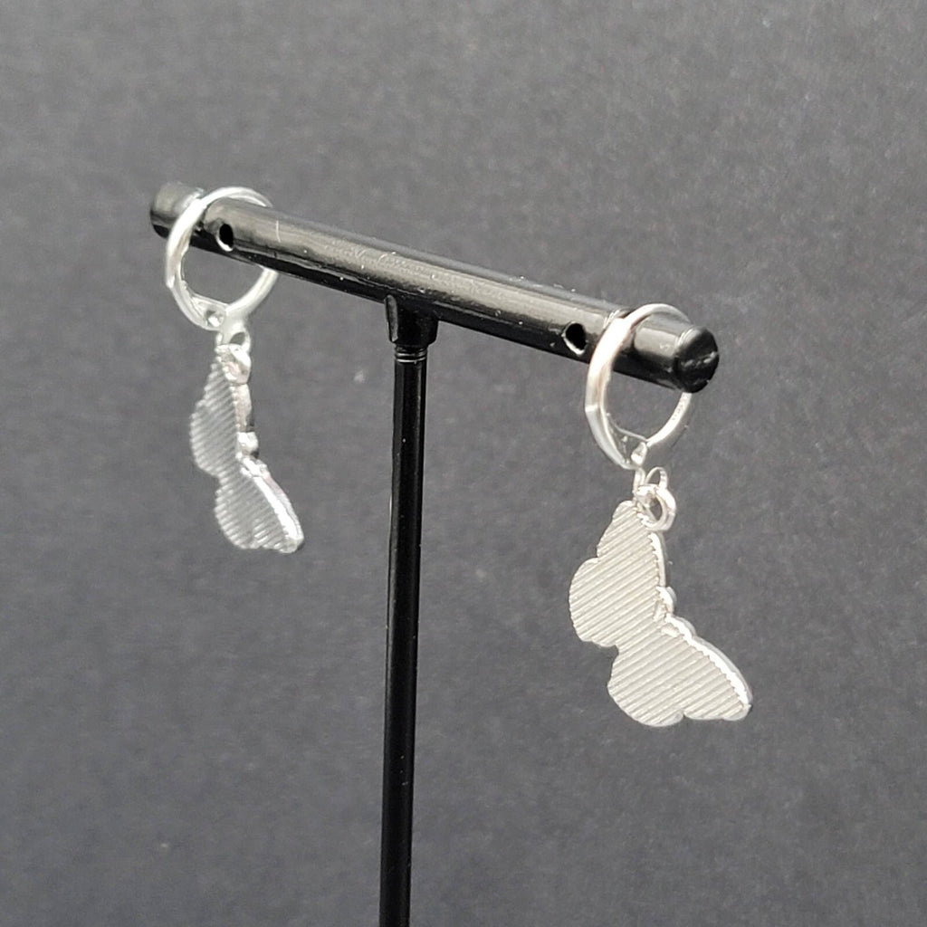 Pierced Earrings Silver tone Pink Butterfly Dangle 3/4"