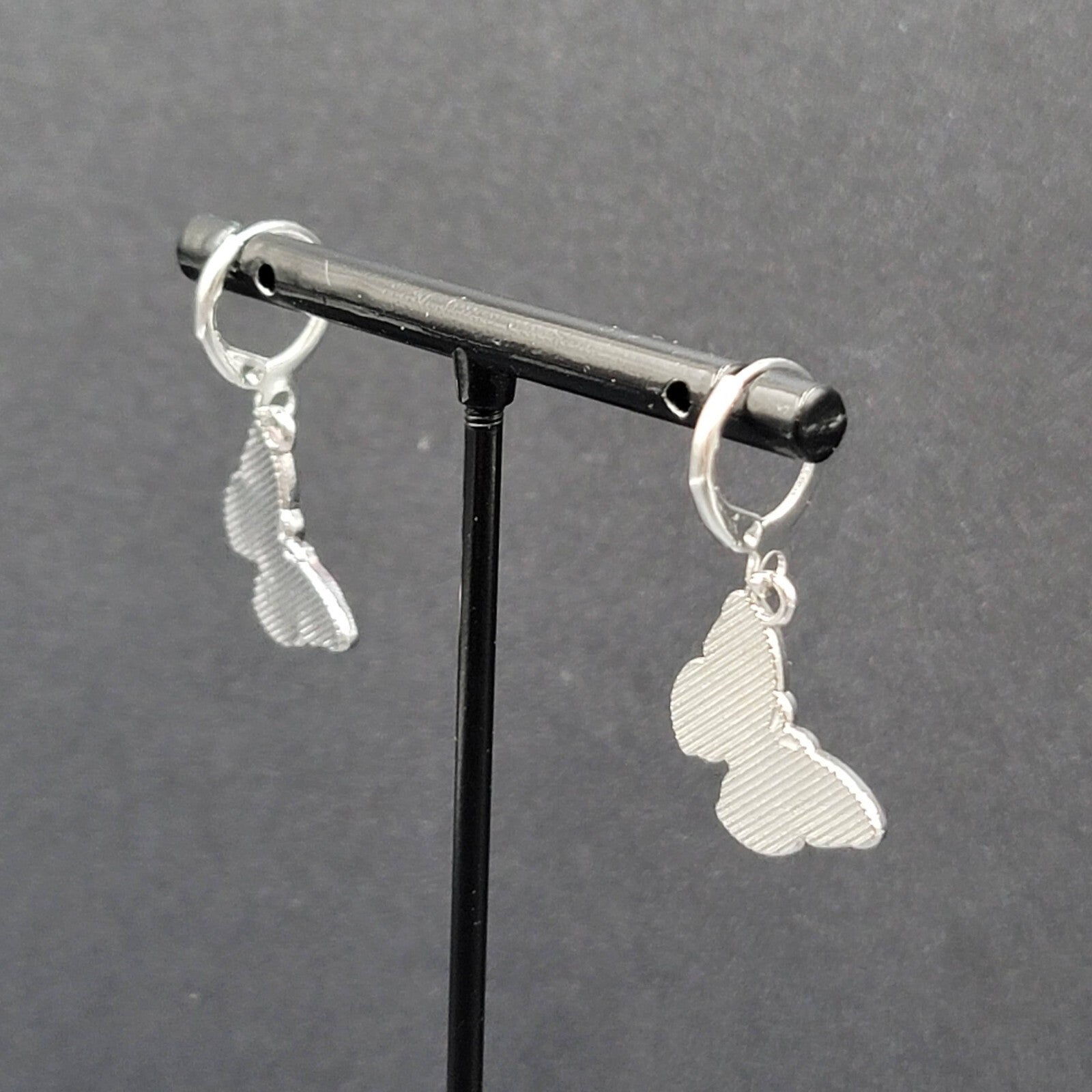 Pierced Earrings Silver tone Pink Butterfly Dangle 3/4"