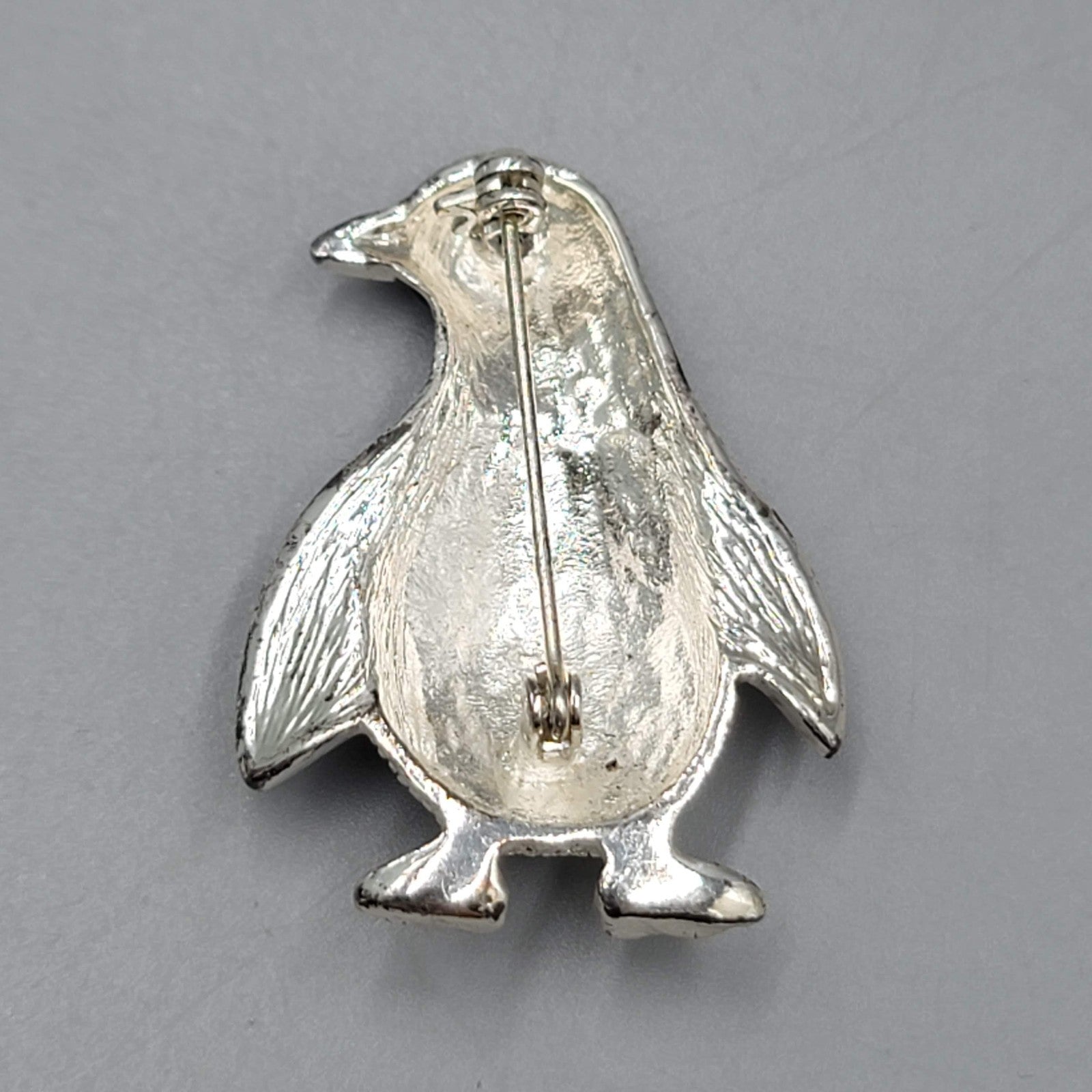 Penguin Brooch Rhinestone Black & White Silver tone 1.75"