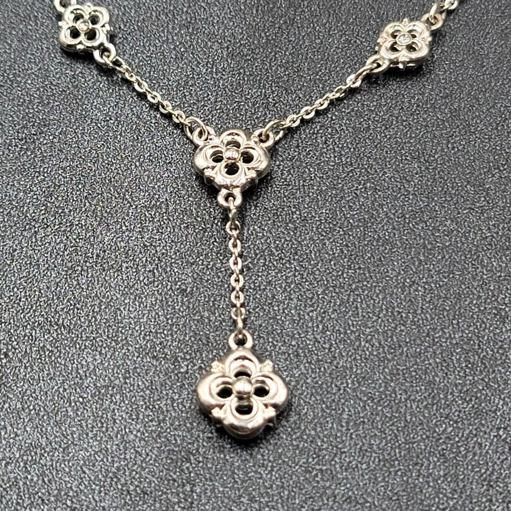 Avon Clover Y Necklace and Pierced Earring Set Crystal Silver Plated 17" 1/2"