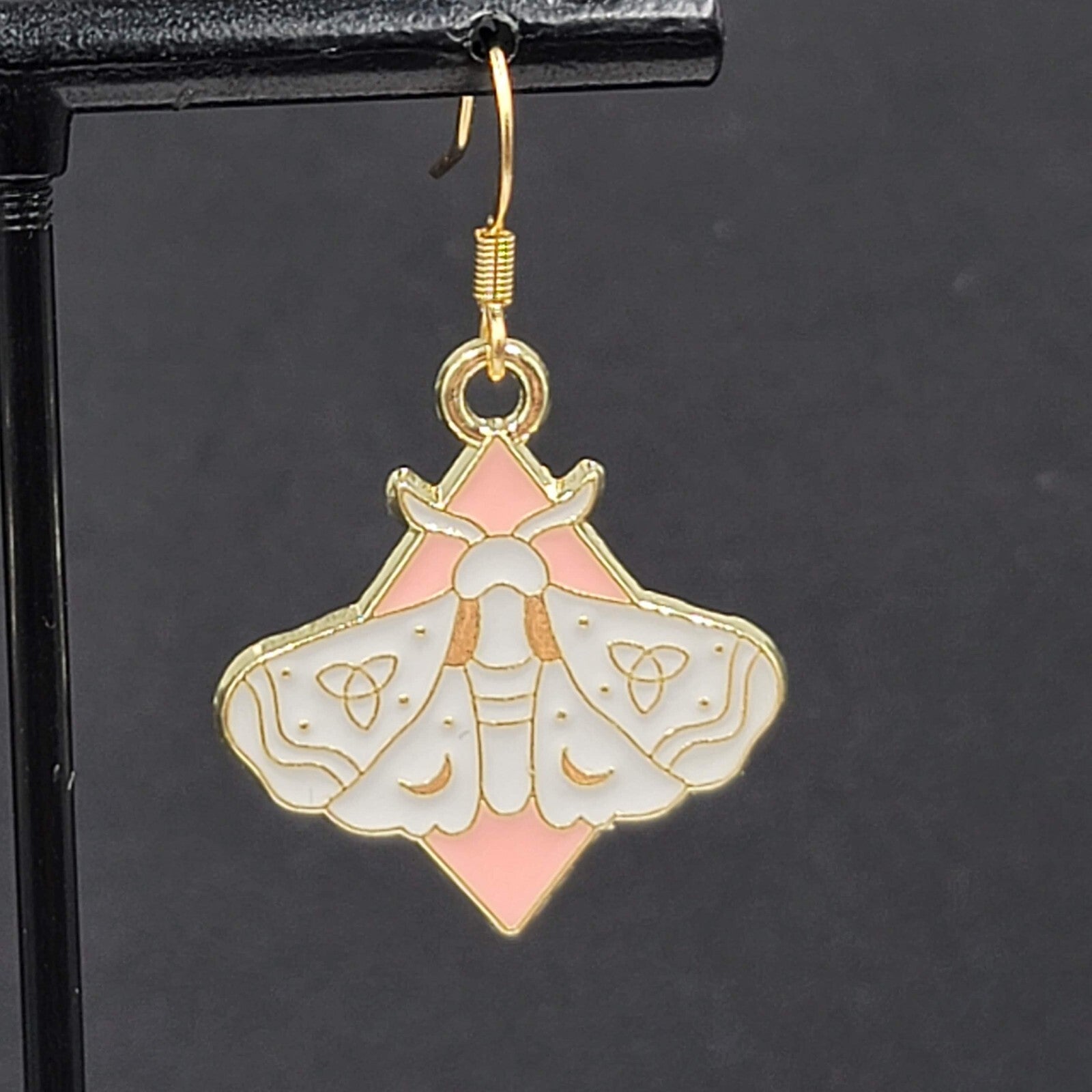 White Moth Pink Enamel Pierced Earrings Gold tone Dangle Butterfly 1"