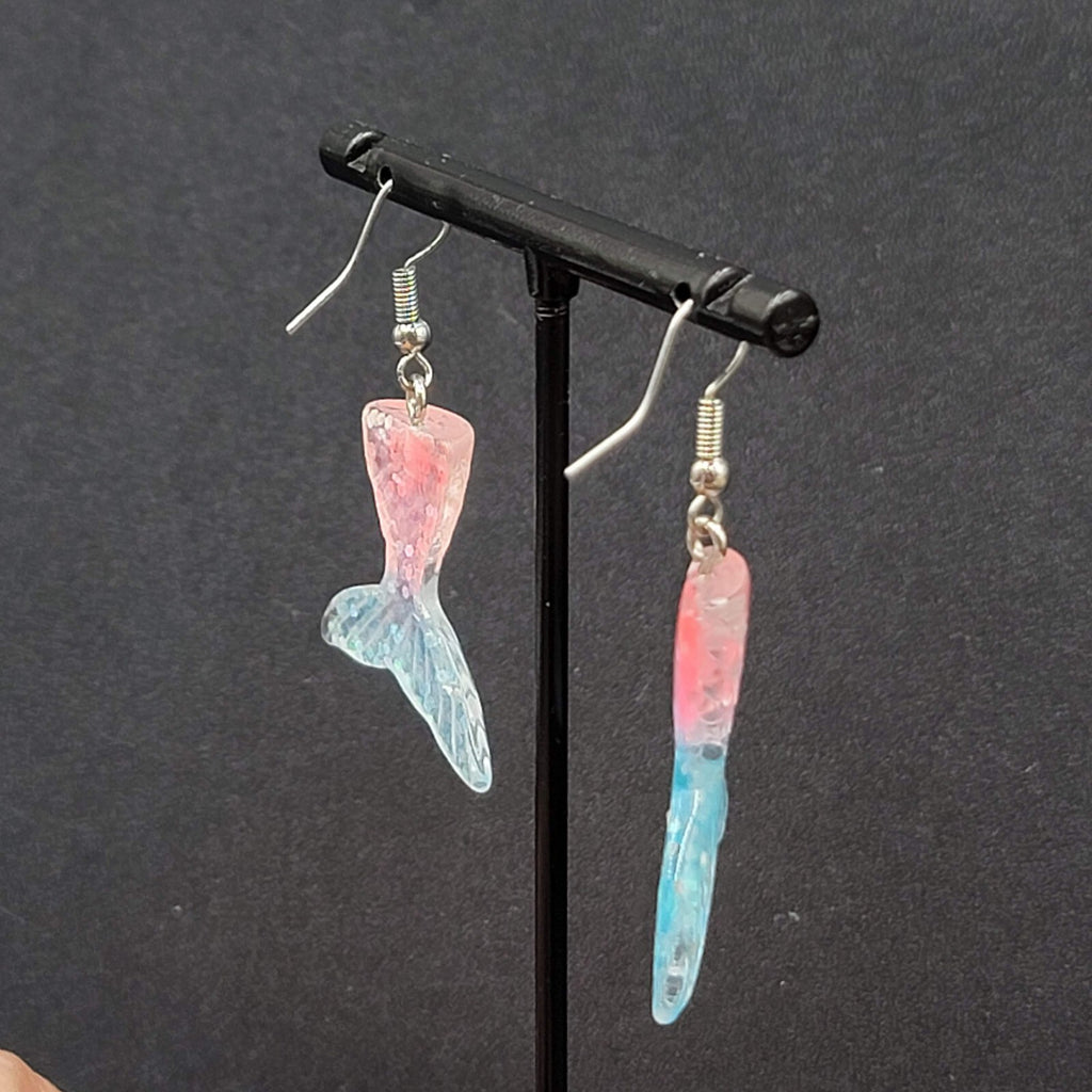Mermaid Tail Pierced Earrings Pink Blue Glitter Resin Dangle 1.25"