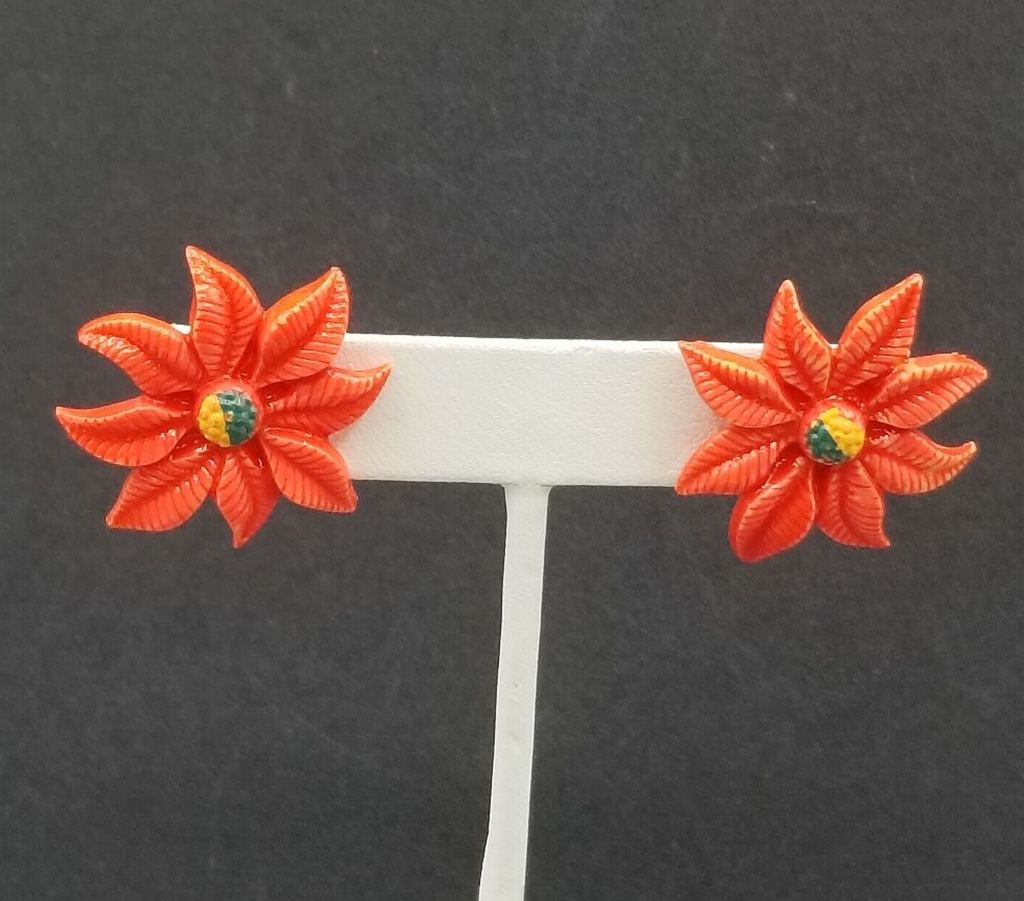 Vintage Clip On Red Acrylic Poinsettia Christmas Stud 1 1/8"