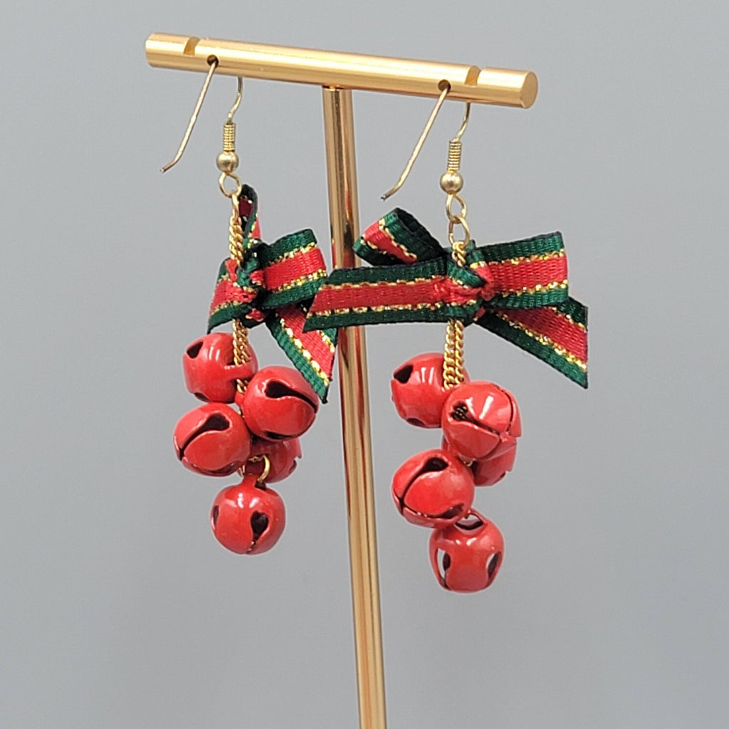 Vintage Christmas Jingle Bells Pierced Earrings Ribbon Gold tone Dangle 2"