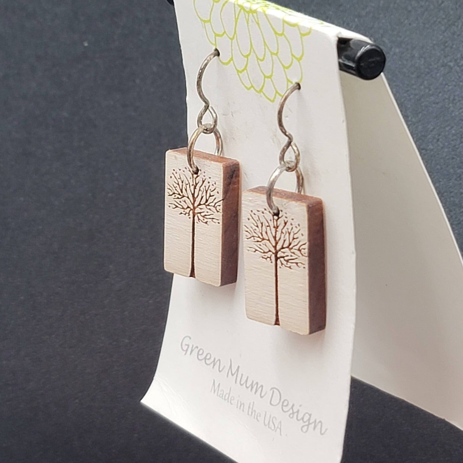 Green Mum Design Pierced Earrings Laser Cut Tree Wood Dangle 1"
