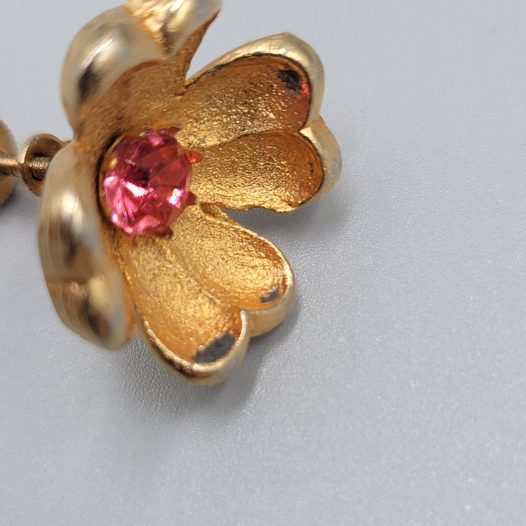 Vintage Flower Clip on Earrings Gold tone Pink Rhinestone Drop 7/8" Screw Back