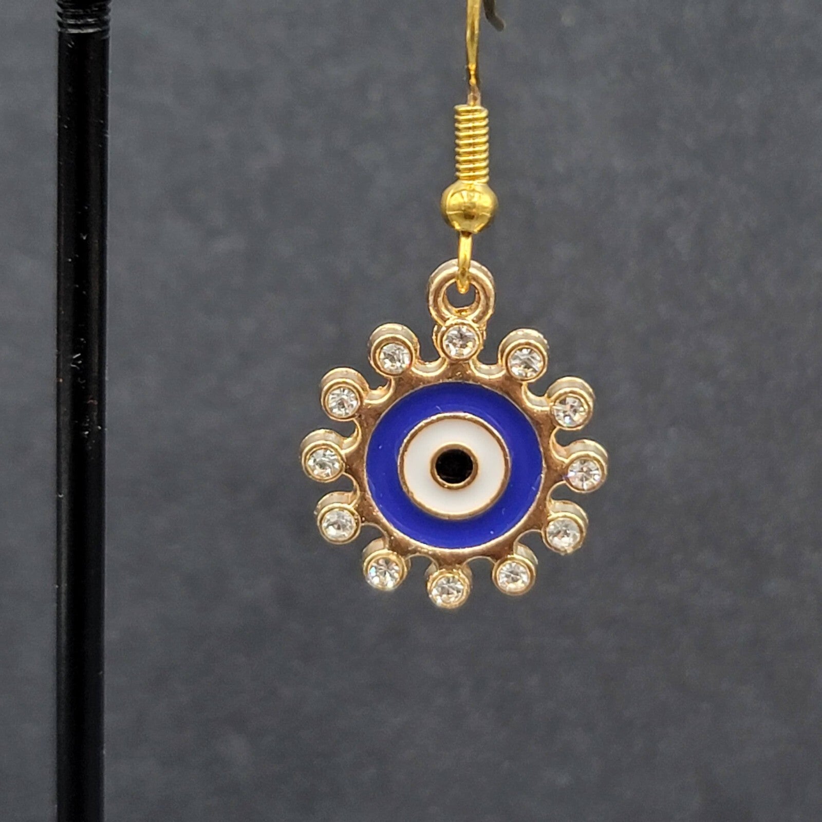 New Evil Eye Rhinestone Pierced Earrings Crystal Gold tone Blue Enamel 3/4"