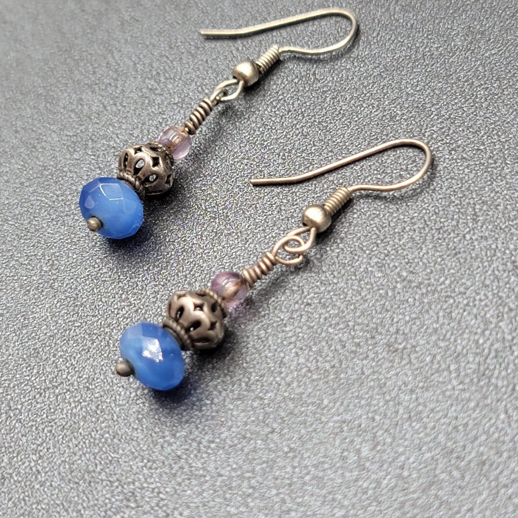 Pierced Earrings Silver tone Blue Glass Faceted Bead Dangle 1"