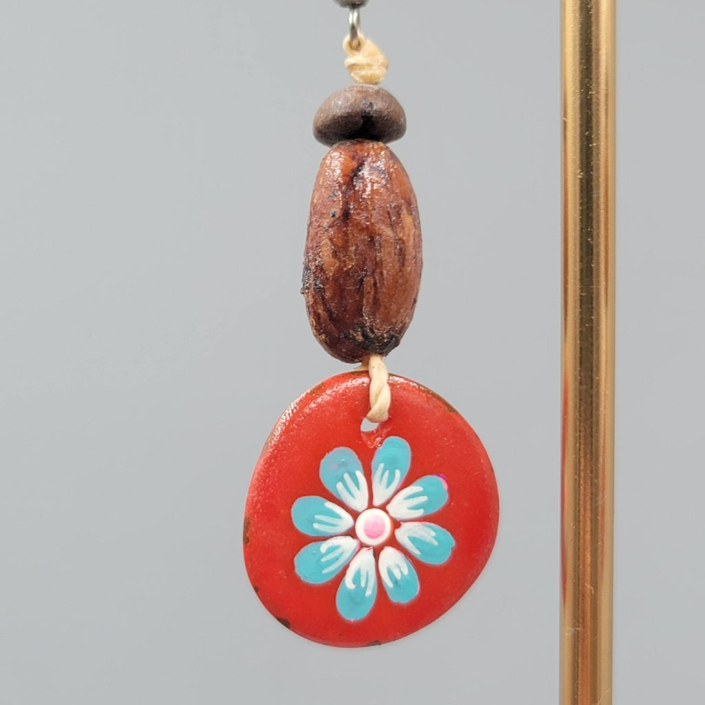 Artisan Bead Pierced Earrings Coffee Bean Seed Hand Painted Dangle 1.75"